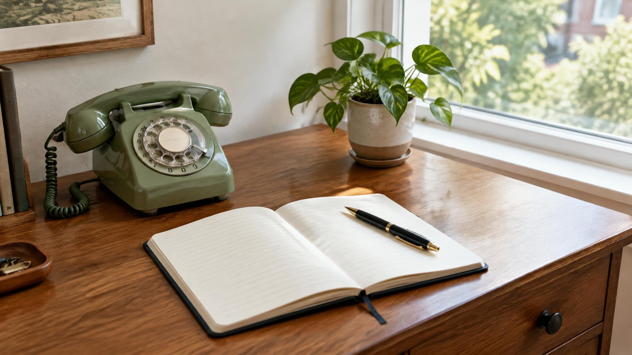 Desk with a vintage telephone, notebook and pen by a window