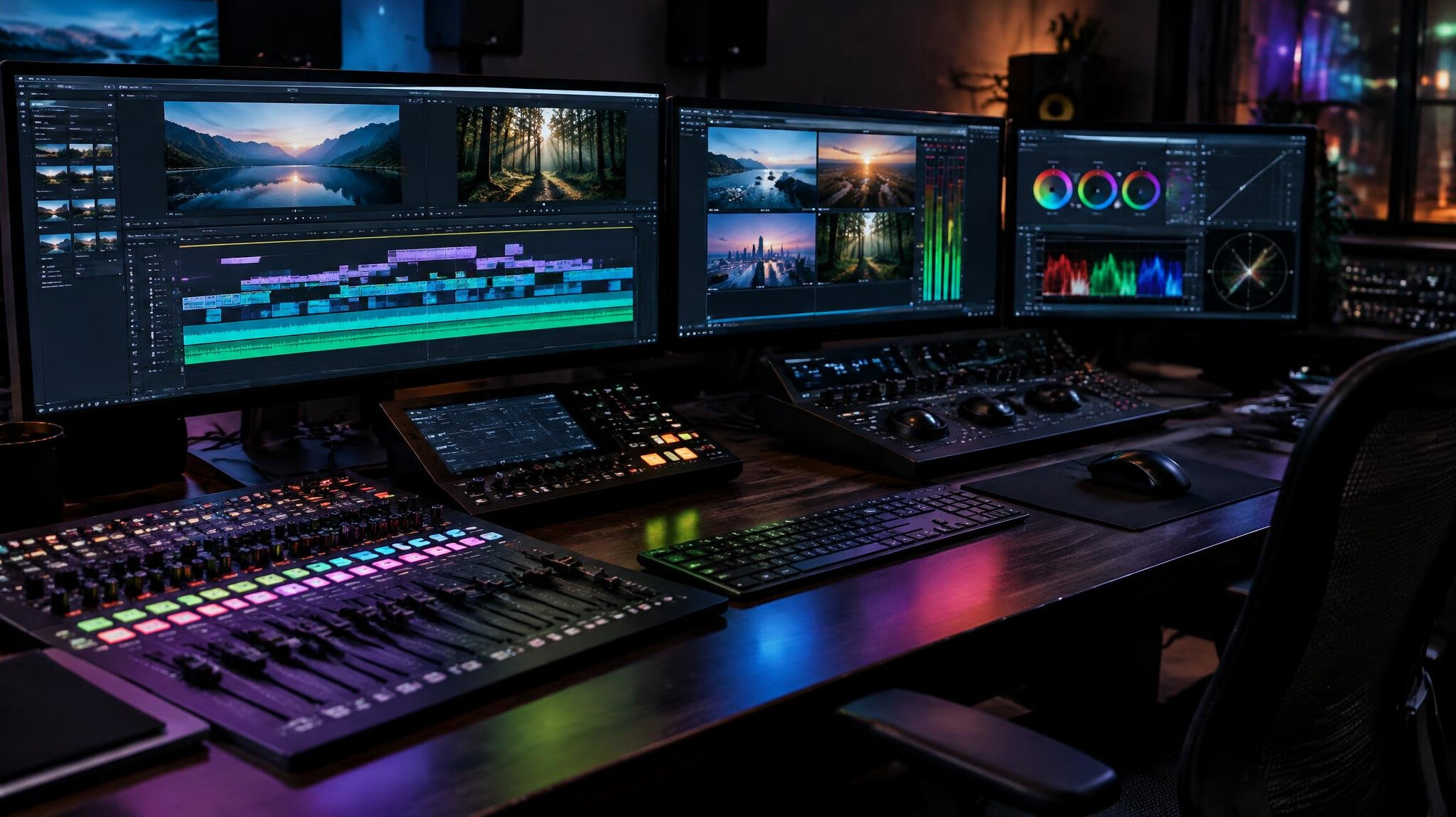 Video editing console with several monitors in a dim control room